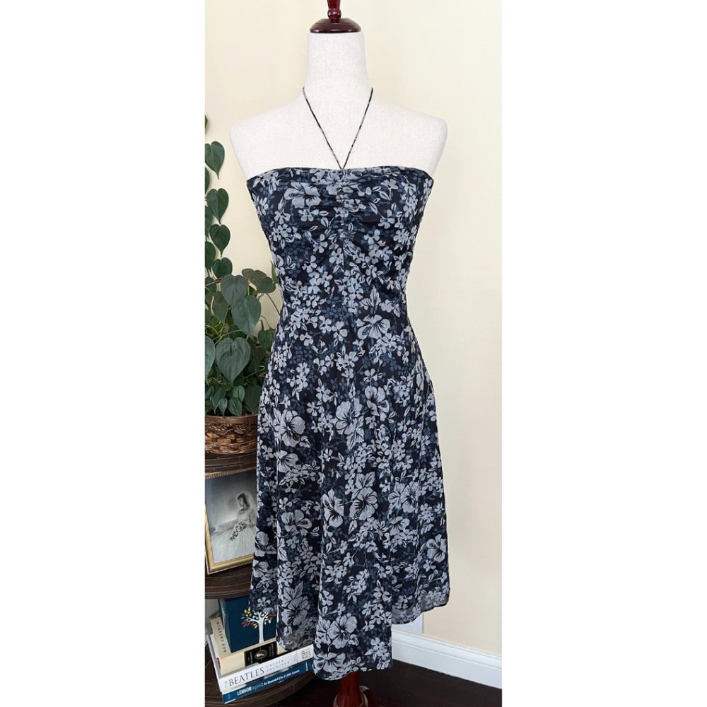 J Crew Strapless Halter Blue Floral Midi Dress sz 4